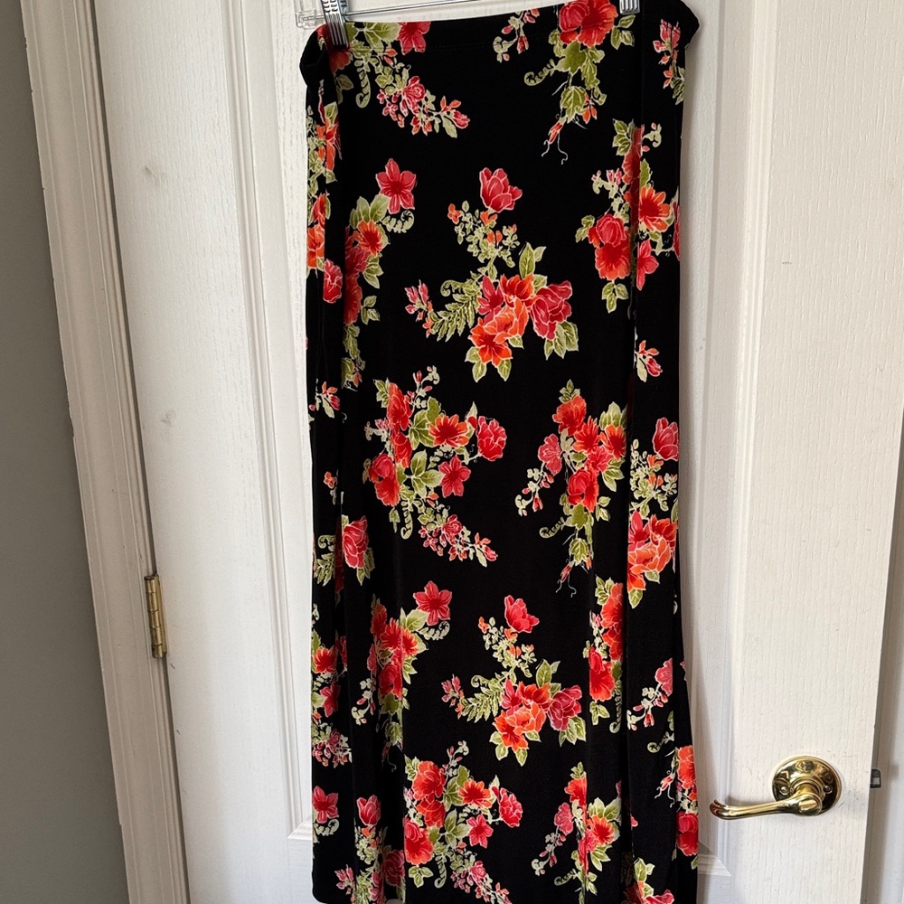 Coldwater Creek Black Maxi Skirt with Red Floral Design